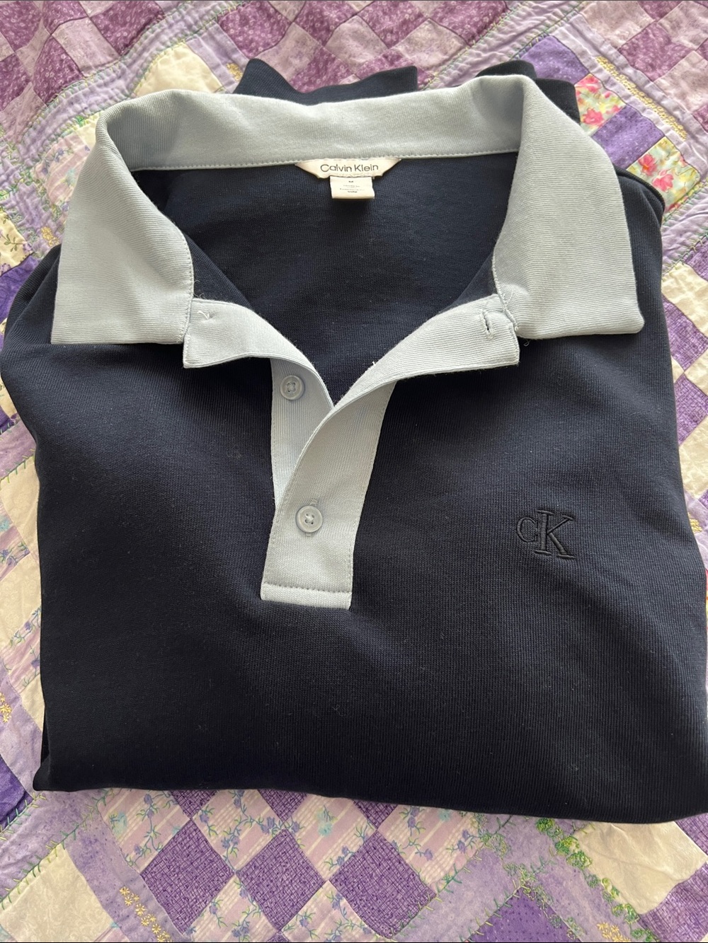 Calvin Klein Navy Polo Sweater with Light Baby Blue Collar